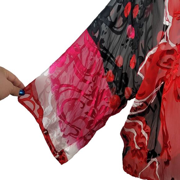 Chico's Semi Sheer Silk Blend Floral Leaf Black Red Pink Blouse Top 2/M - Picture 2 of 5